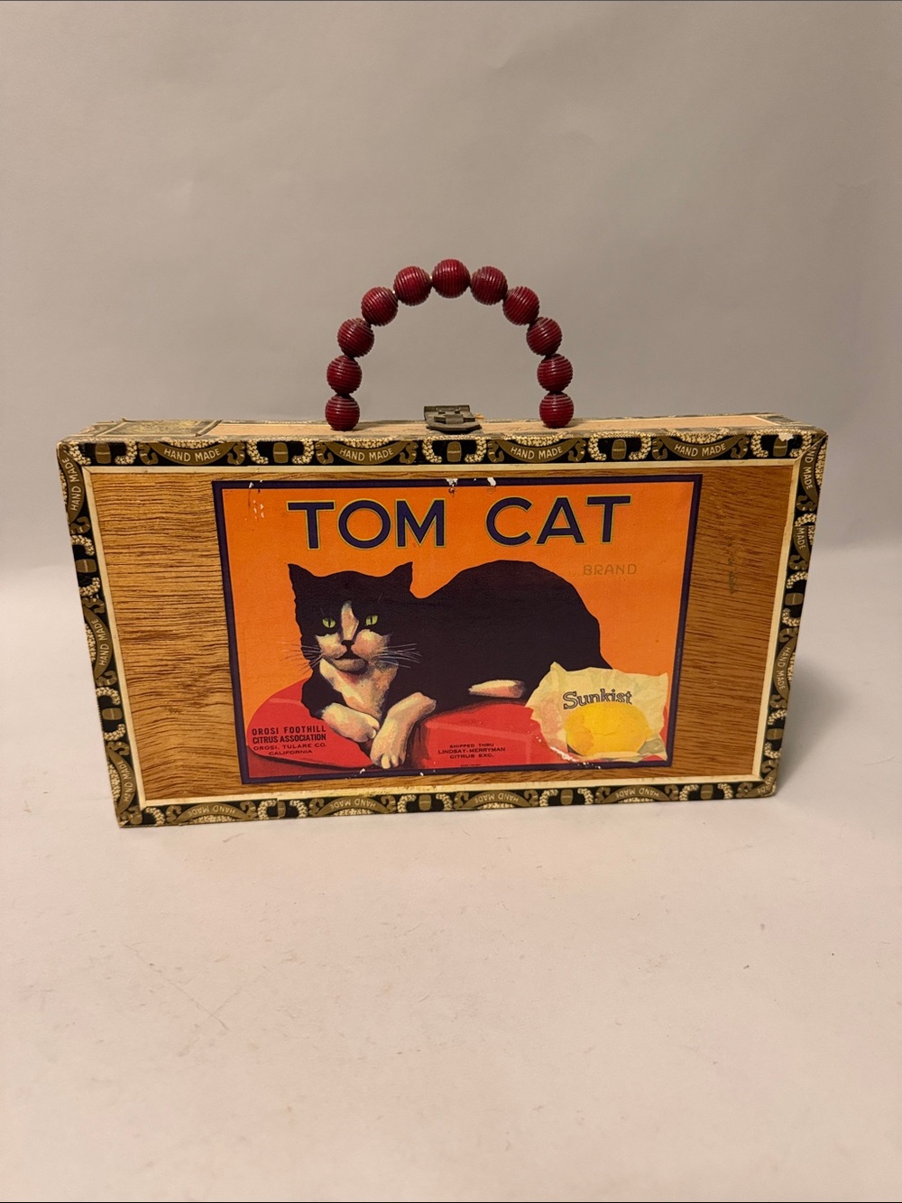 Orange Graphic Cigar Box Purse with Red Bead Handle